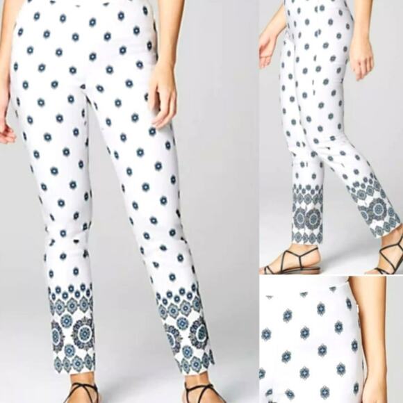 J. JILL Women's 18 White Blue Floral Boho Essential Cotton Stretch Pull On Pants - Picture 1 of 11